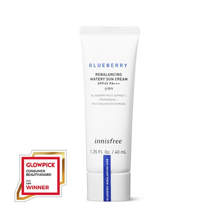 Innisfree Blueberry Rebalancing Watery Sun Cream SPF45 PA+++ อีกทั้งยังเป็นกันแดดที่ได้รับเลือกให้เป็นกันแดดที่มีคนเลือกใช้เป็นอันดับ 1